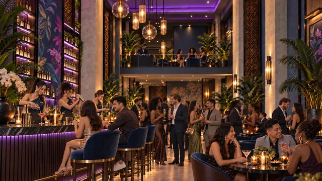 Refined cocktail bar evening with guests mingling, three uniformed bartenders and a male DJ with seated guests to his right.