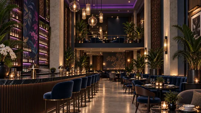 Refined interior with violet accents, botanical art and midnight velvet seating.