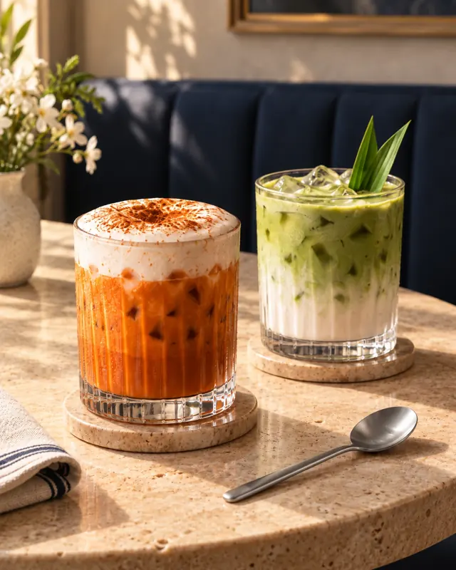 Thai Iced Tea Velvet and Pandan Coconut Latte in warm daylight.