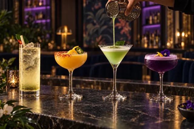 Four signature cocktails on dark marble, with a bartender pouring the pale green Pandan Martini.