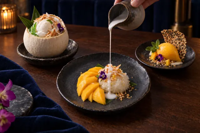 Small mango sticky rice, young coconut ice cream and mango sorbet desserts with coconut sauce being poured.