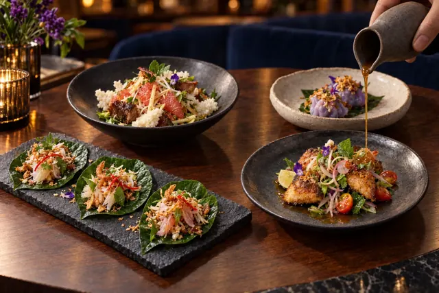 Thai leaf bites, crisp fish with a tamarind sauce pour, pomelo salad and flower dumplings on individual ceramics.