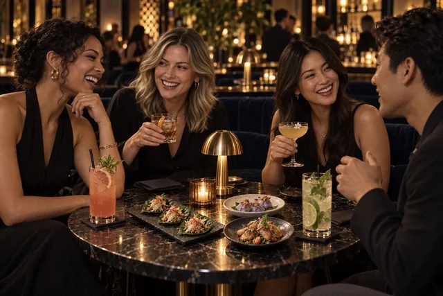 Four friends sharing petite Thai flower dumplings, miang bites and crisp fish, each with their own cocktail in a softly lit navy lounge.
