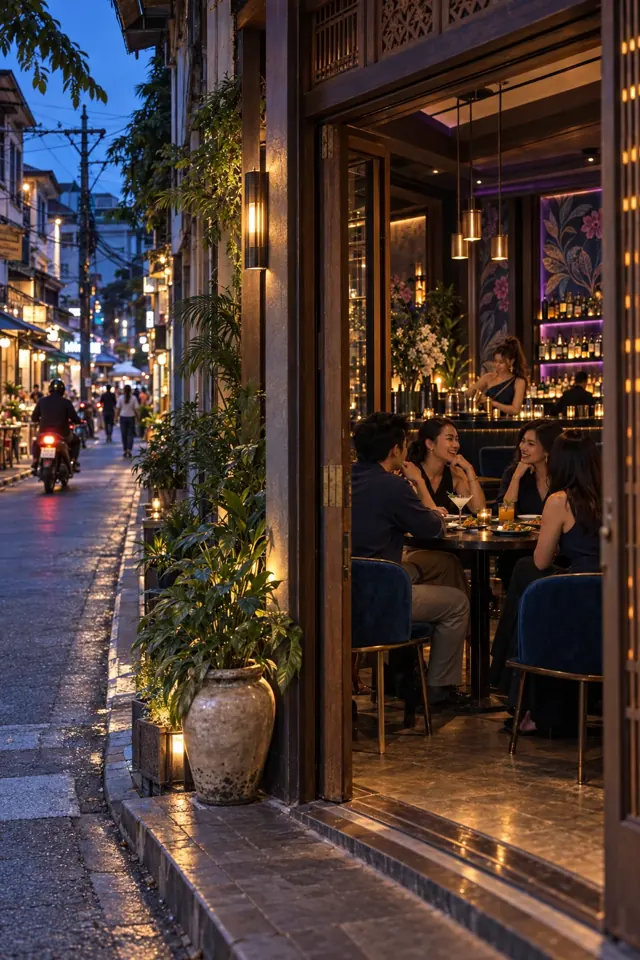 A Thai neighborhood street at blue hour beside friends sharing small plates in a navy lounge with violet accents and botanical art.