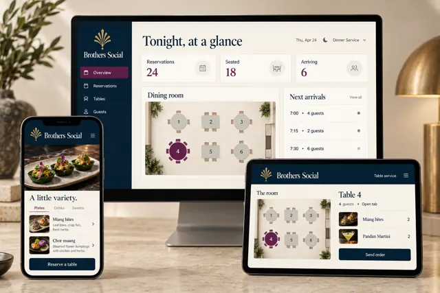 Proposed Brothers Social guest menu, table-service tablet and operations dashboard, each with the complete gold monogram and wordmark.
